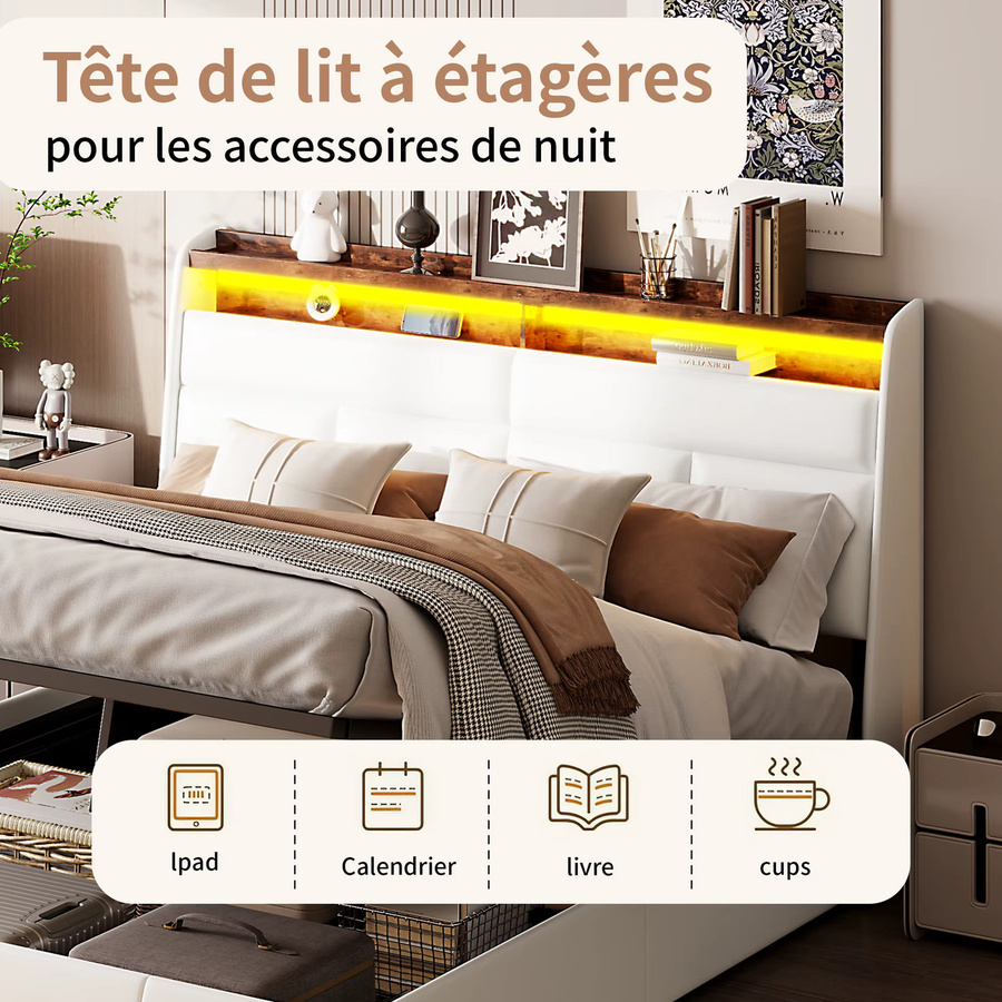 ROSAHQNDA Modernes Doppelbett mit LED-Lichtleiste, USB-Ladeports und hydraulischem Stauraum in Weiß, B/T: 140 x 200 cm - Bild 3