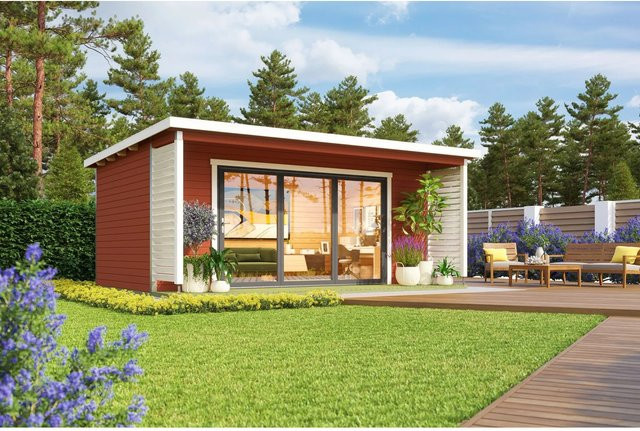 Lasita Blockbohlenhaus Liverpool Gartenhaus mit Flachdach in Rot, B/H/T: 580 x 239,4 x 430 cm - Bild 1