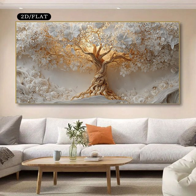 Modernes Leinwandgemälde Baum des Lebens von HALFLEMART in Gold mit abstraktem minimalistischem Design - Bild 1