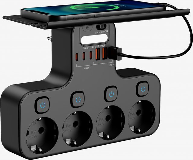 DODOYESANA Multifunktionssteckdose mit Nachtlicht und Telefonhalter, 4000 W, Schwarz, 4 AC-Steckdosen, 2 USB-A und 2 USB-C - Bild 1