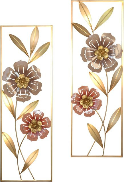 Wanddekoobjekt Kai von möbel direkt online, 2-teiliges Blumenmotiv aus Metall in Gold, Braun und Rot - Bild 1