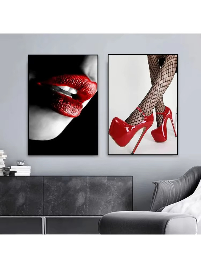 Moderne Wandkunst Potdemiel Poster mit Frauenmalerei in Rot, Schwarz und Weiß - Bild 2