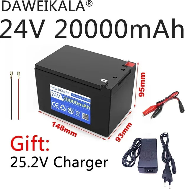 DAWEIKALA 24V 20Ah Lithium-Ionen-Batteriepack in Schwarz inklusive 27,2V 2A Ladegerät für Elektrofahrzeuge und Solarenergie - Bild 1