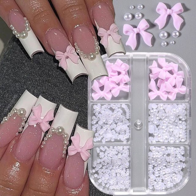 Nail Art Dekorationen, Rosa Schleifen und Weiße Perlen, Harz, Glänzend - Bild 1