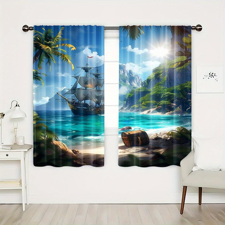 Yiran Furniture 2-teiliges halbverdunkelndes Vorhang-Set mit Tropische Insel Piratenschiff Palme Design, Mehrfarbig, B: 100 cm, H: 130 cm - Bild 1