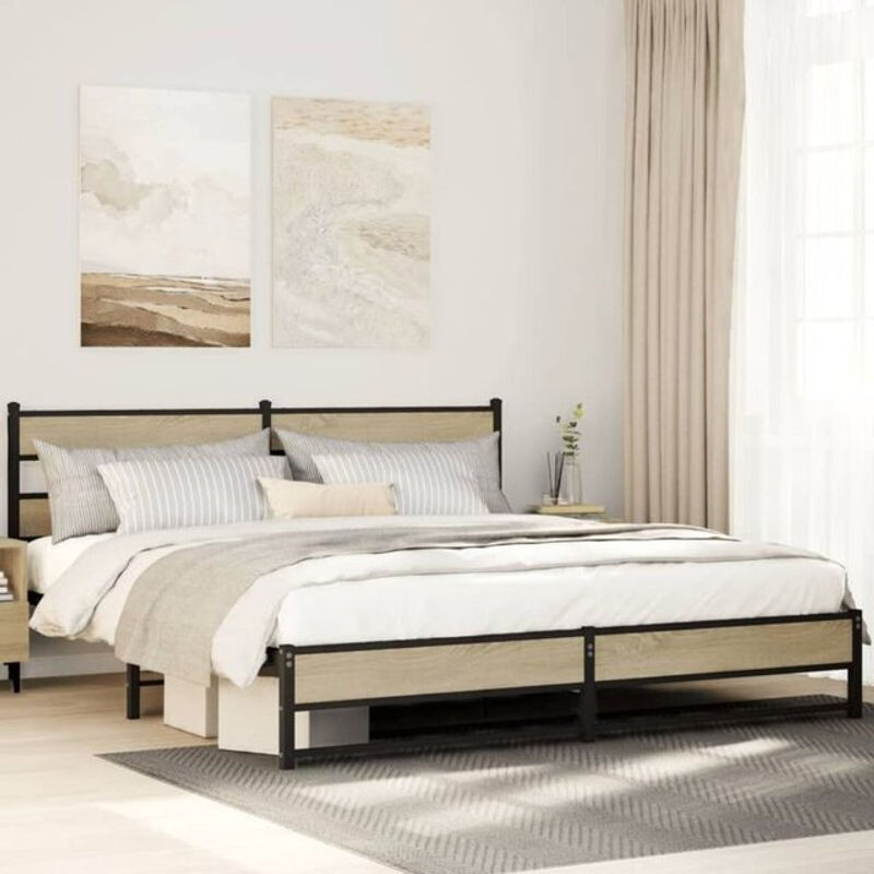 Vidaxl Metallbett Sonoma-Eiche Braun im Industrial-Stil B/T/H: 183 x 213 cm ohne Matratze - Bild 1