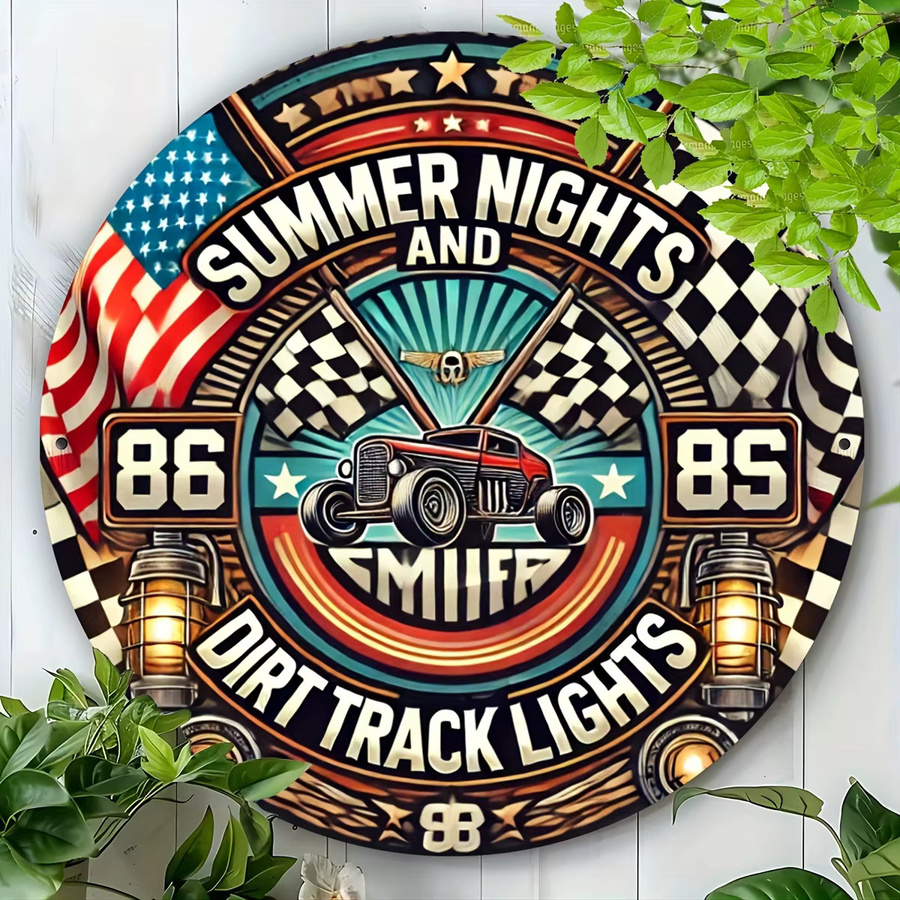 Rundes Aluminiumschild Potdemiel im Vintage-Stil Sommernächte Dirt Track Lights Racing, Mehrzweck-Wanddekoration aus Metall, Durchmesser: 20 cm - Bild 5