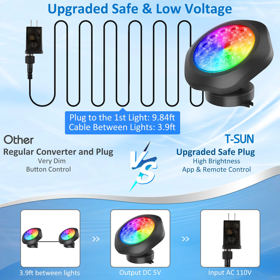 T-SUNRISE RGB LED Unterwasser Lampe IP68 Wasserdichter Pool Scheinwerfer mit App- und Fernbedienungsteuerung - Bild 5