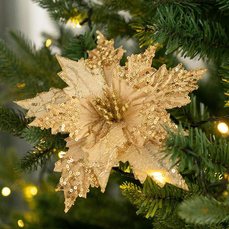 Love Home Garden Künstliche Weihnachtsblume mit Pailletten und Sequins für Weihnachtsbaum und Dekoration, Textil, Farben: Gold, Silber, Champagner, Rot - Bild 1