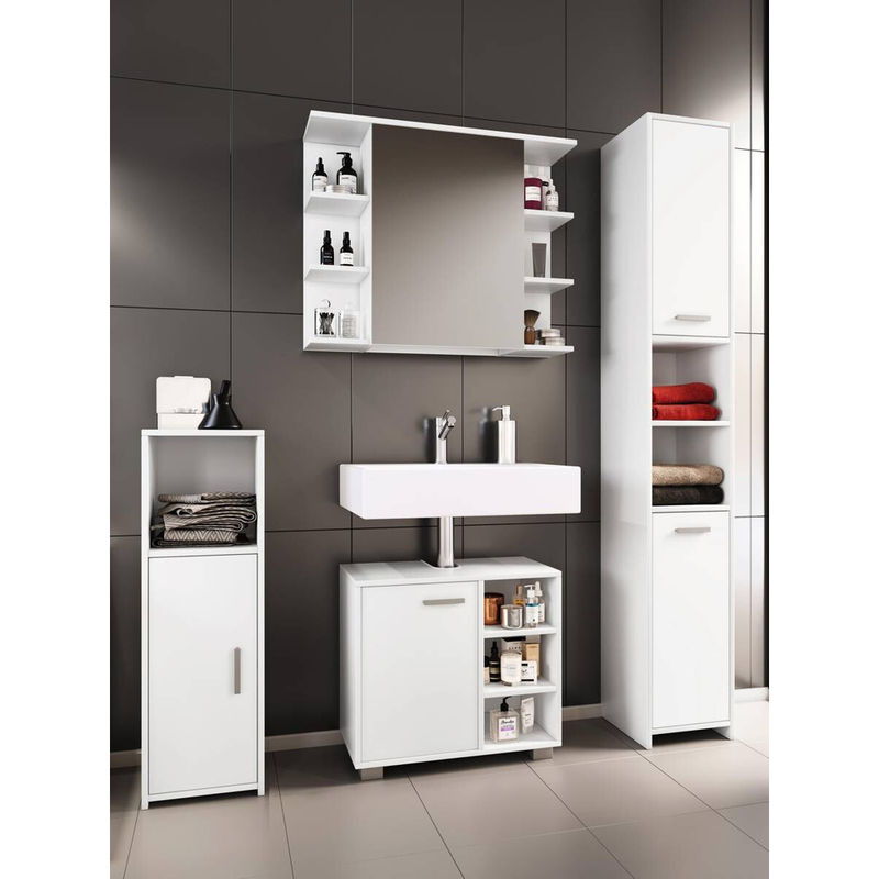 Modernes Badezimmer-Set Zalo in Weiß bestehend aus Waschtischunterschrank, Spiegelschrank und Hochschrank mit Glasdetails B/H/T: 80 x 180 x 30 cm - Bild 3