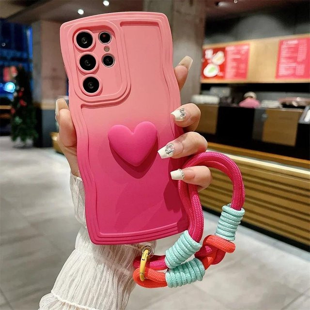 Samsung Handyhülle mit Gradient Wellen Design und Liebesherz Armband Lanyard in Pink für Galaxy S26 S25 S24 S23 S22 Ultra S21 S20 FE A54 A53 - Bild 1