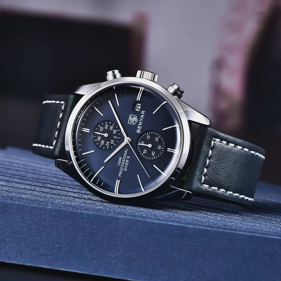 BENYAR Chronograph Armbanduhr, Quarz, Leder, Silber, Herren - Bild 4