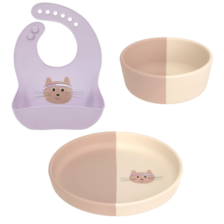 Lässig Esslern-Set aus Silikon für Kinder mit Teller, Schale und Lätzchen, Tiny Team Cat, Pink, BPA-frei - Bild 1