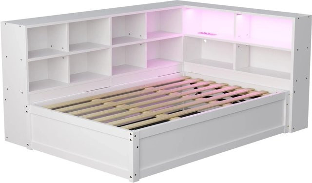 Merax Schlafsofa aus Massivholz und MDF mit LED-Unterbettbeleuchtung, USB-Ladeanschluss und Stauraum, Farbe: Weiß/Grau, B/T/H: 90 x 200 x 82 cm - Bild 1