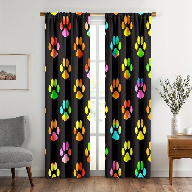 2er-Set Vorhänge mit Tierpfotenabdruck in Schwarz und Bunt, halbtransparent, Polyester, Breite: 150 cm, Höhe: 166 cm - Bild 1