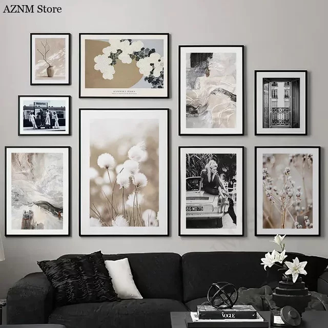 Potdemiel Wandkunst Vintage Blume Kreisförmig Leinwandmalerei in Beige, Schwarz und Weiß - Bild 1