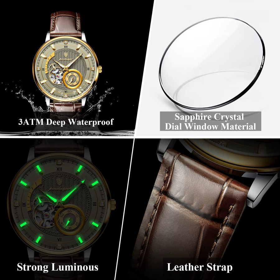 POEDAGAR Armbanduhr Automatik, Leder, Gold, Herren - Bild 4