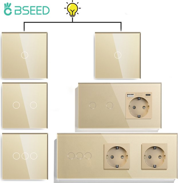 Bseed Touch Lichtschalter mit USB Typ-C Port und Steckdose, Glas Panel mit blauer Hintergrundbeleuchtung, 240V - Bild 1