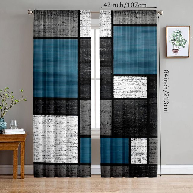 2er-Set dekorative Polyester-Vorhänge mit geometrischem Design in Grau und Blau, halbtransparent, B: 35 cm, H: 100 cm - Bild 1