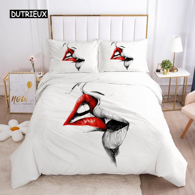 Binchi Outdoor Product Bettwäsche-Set mit rotem Lippen-Motiv und Kussspuren, 3-teilig aus Polyester, B/H: 140 x 200 cm - Bild 1