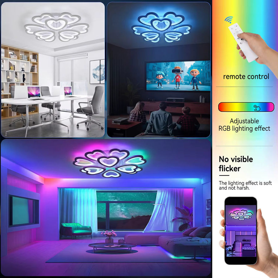 Oyajia LED-Deckenleuchte in Herzform mit RGB-Hintergrundbeleuchtung, dimmbar mit Fernbedienung, Multicolor, Weiß - Bild 3