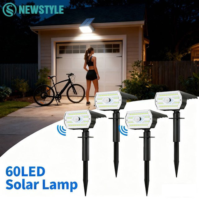 Solar-Außenstrahler mit Bewegungsmelder und 60 LEDs in Schwarz, wasserdichte Solar-Wandleuchte für Garten, Hof und Gehweg mit 3 Modi - Bild 1