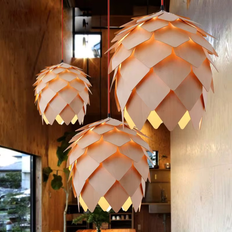 JUDU Moderne Nordic LED Pendelleuchte aus Holz in Tannenzapfen-Design, Braun, Warmweiß - Bild 3