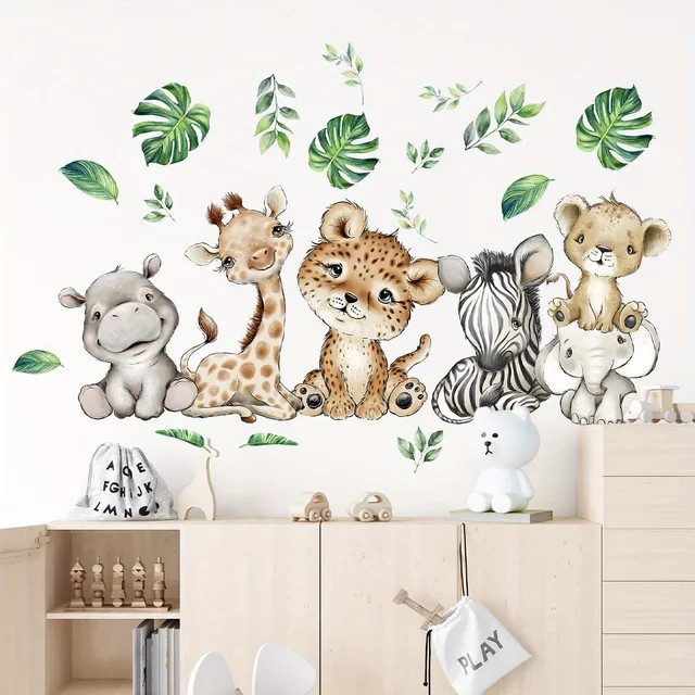 BRUP Cartoon Tier Wandaufkleber mit Nilpferd, Tiger, Elefant, Hirsch und Baum in Mehrfarbig für Kinderzimmer, Schlafzimmer und Kindergarten - Bild 1