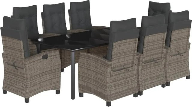 vidaXL 9-teilige Garten-Essgruppe aus Poly Rattan in Grau mit Kissen und Glastisch - Bild 1