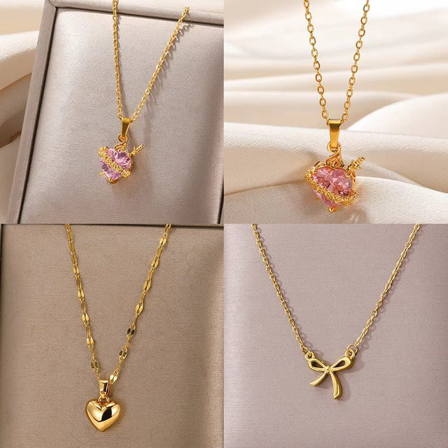 ICFTZWE Halskette Edelstahl, Gold, Zirkonia, Rosa Herz - Bild 1