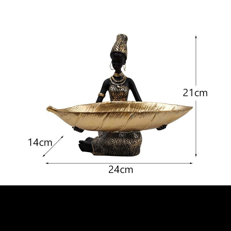 Yiran Furniture Obsttablett Afrikanische schwarze Frau im Thai Stil aus Harz, Farbe: Schwarz und Gold, B/T/H: 28 x 24,5 x 18 cm - Bild 3