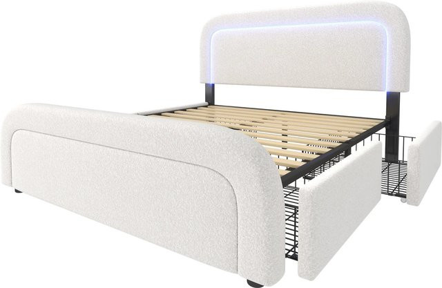 okwish Polsterbett mit 4 Schubladen, LED-Beleuchtung und USB Type C Ladefunktion, Weiß, B: 140 cm, H: 102,5 cm, T: 208 cm - Bild 1
