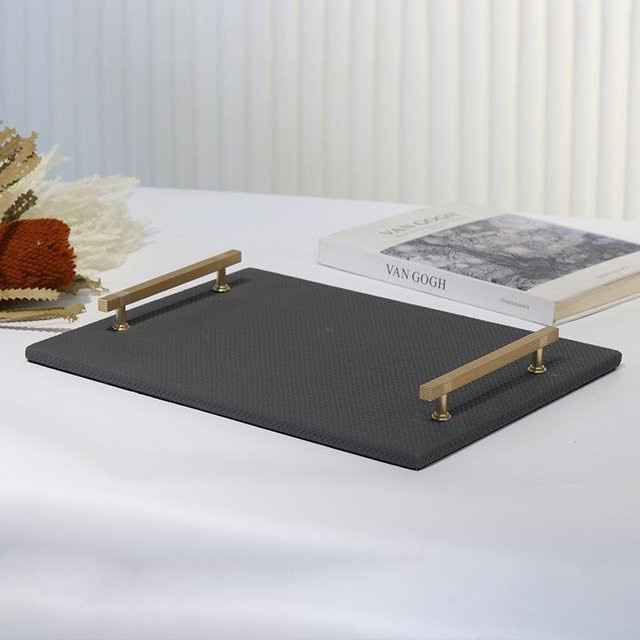 Minimalistisches quadratisches Aufbewahrungstablett aus gewebtem Leder und Metall in Schwarz oder Grau, Breite: 38,0 cm, Tiefe: 28,0 cm - Bild 1