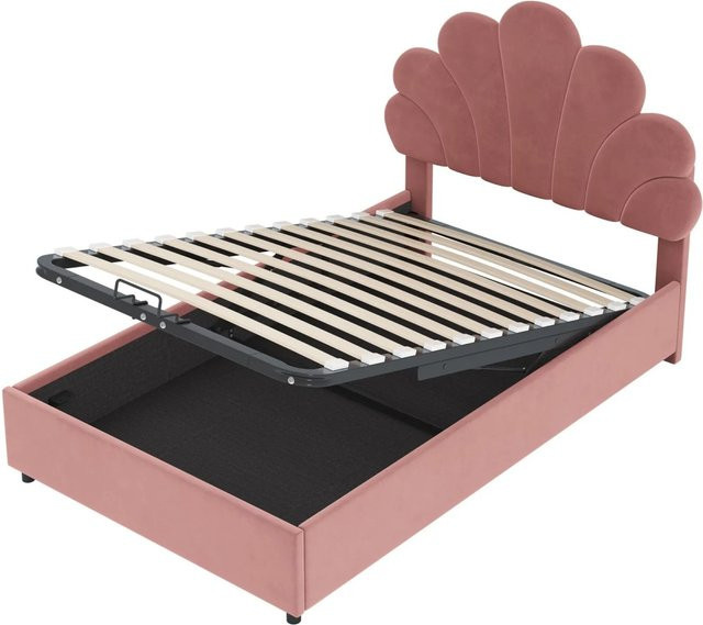 Merax Kinderbett mit Blumenmuster aus Samt in Rosa und Beige mit Hydraulik-Lift-Funktion B/T/H: 90 x 200 x 41 cm - Bild 1