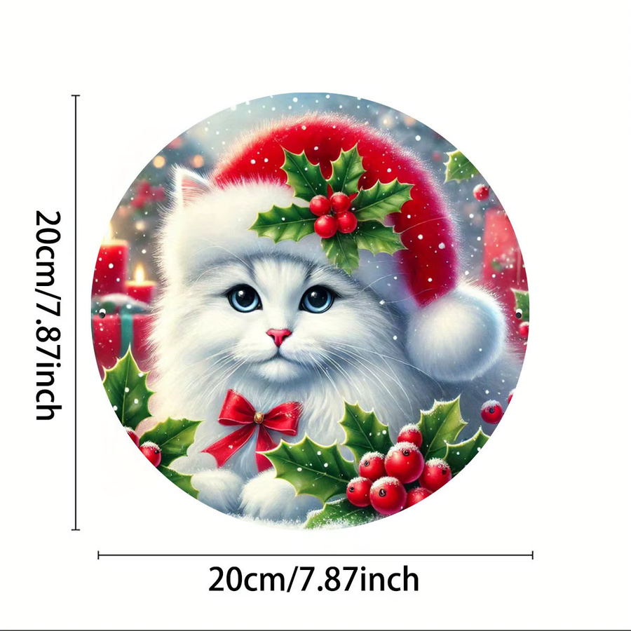 Rundes Weihnachtsschild aus Metall von Potdemiel mit Katze und Stechpalme in Weiß, Vintage-Wanddekoration, Durchmesser: 20 cm - Bild 2