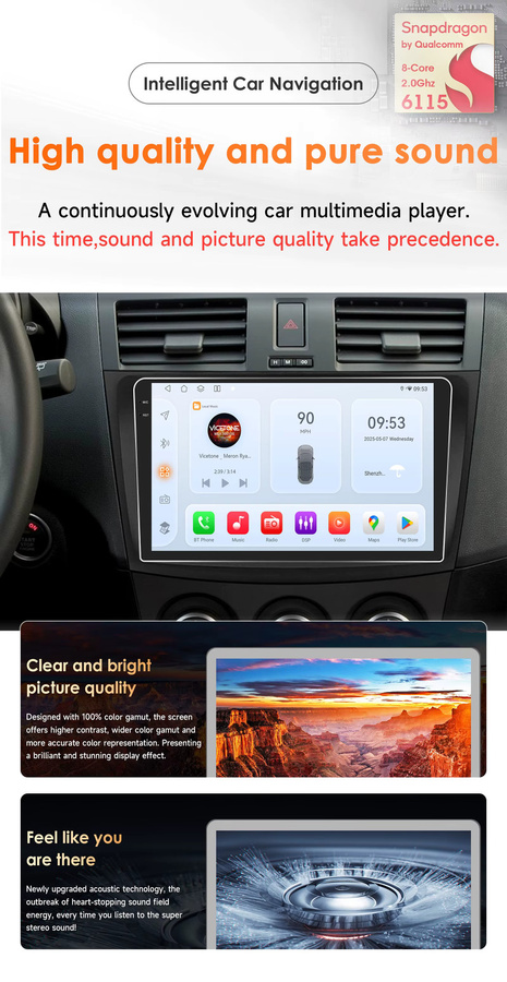 OSSURET Android 14 Autoradio für Mazda 3 (2010-2013) mit 9 Zoll Display, Snapdragon 6115 Octa-Core, GPS, Wireless CarPlay, Android Auto, DSP Audio und 4G WiFi in Schwarz - Bild 2