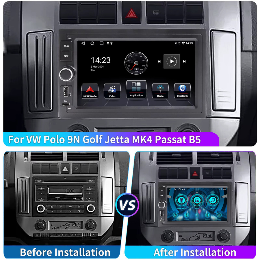 ESSGOO Android 15 Autoradio mit 7 Zoll Display, GPS, Bluetooth und USB in Schwarz für Seat, Skoda, VW Polo 9N, Golf 4, Passat B5 und T5 - Bild 4