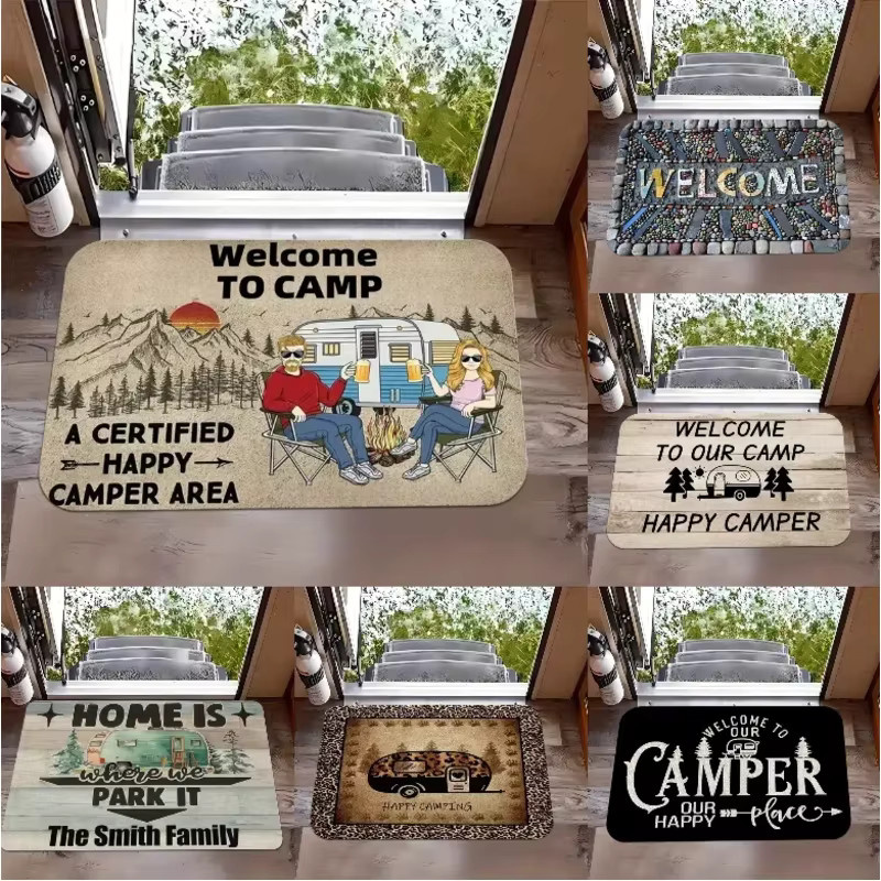 VIKAMA Happy Camper Fußmatte mit Outdoor-Motiv für Wohnwagen, Veranda und Eingangsbereich, Rechteckig - Bild 1
