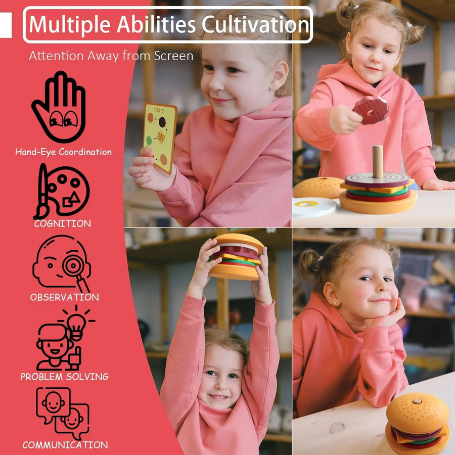 Yiran toy Burger Sandwich Stapelspielzeug Lebensmittel aus Holz ab 3-6 Jahre - Bild 3