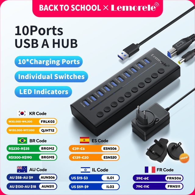 Lemorele TC119 USB C Hub mit 10 Ports, USB 3.0 Dockingstation für MacBook, Laptop, PC und Smartphone - Bild 1
