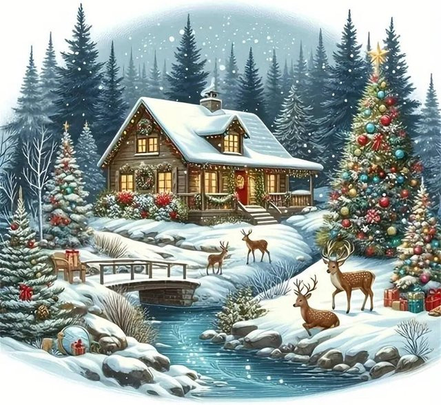 YUTTEE Diamantmalerei Winterlandschaft mit Haus und Weihnachtsbaum als DIY Mosaik Wandkunst, Mehrfarbig - Bild 1