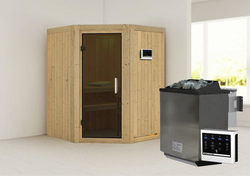 Karibu Sauna Tartu Bio-Kombi-Sauna aus Fichtenholz mit 9 kW Bio-Kombi-Saunaofen und externer Steuerung für 3 Personen in Beige - Bild 1