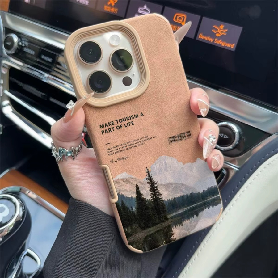 Hochwertige Kunstleder-Handyhülle mit Landschaftsmuster in Braun für iPhone 17 16 Pro Max 15 14 Plus 13 12 11, stoßdämpfend und rutschfest - Bild 4