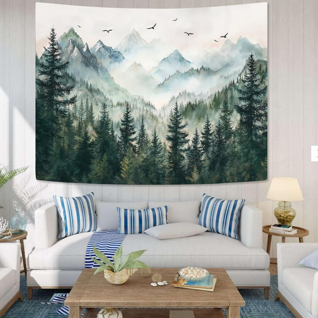 VIKAMA Wandteppich Nebelwald mit Vögeln in Aquarell-Optik, Mehrfarbig, Landschafts-Wandbehang aus Textil und Kiefernholz - Bild 1