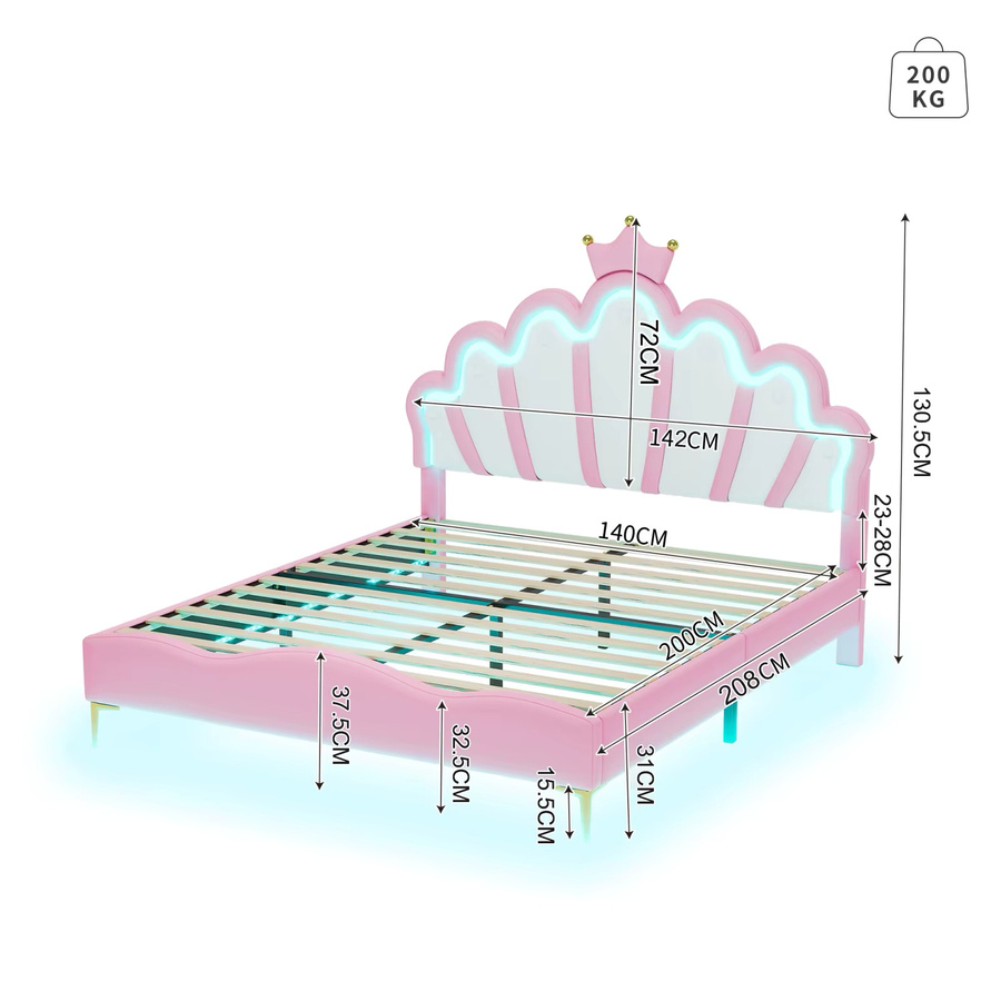 Comanlai Kinderbett Crown Princess in Pink mit LED-Kopfteil, Schubladen und Lattenrost, B/T/H: 90 x 200 cm - Bild 3