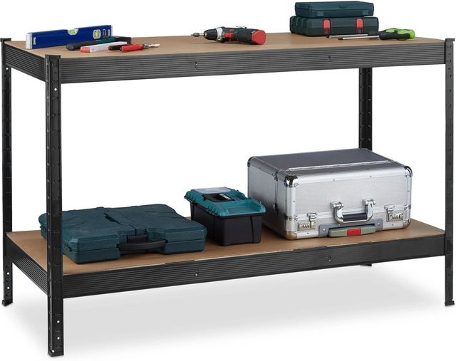Relaxdays Werkbank aus Stahl und MDF in Schwarz und Braun mit 2 Ebenen, B/T/H: 141 x 61 x 91 cm - Bild 1