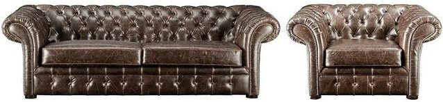 Couchgarnitur Clotaire von Vente-unique mit Sofa und Sessel aus Leder in Schokobraun, Chesterfield-Design, Breite: 232 cm, Tiefe: 127 cm, Höhe: 90 cm - Bild 1