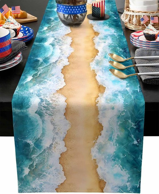 JINGYUE Pet Tischläufer aus Leinen in Blau mit maritimen Grafikmotiven für Sommer und Strand, B/H: 150 x 33 cm - Bild 1