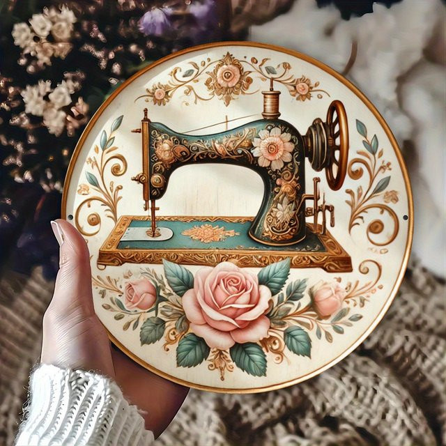 Potdemiel Vintage Wandkunst Nähmaschine mit floralem Rosenmuster aus Metall, B/H: 19,81 x 19,81 cm, Mehrfarbig - Bild 1