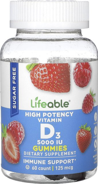 Vitamin D3 Gummibärchen, Zuckerfrei, Natürliche Beere, 125 mcg (5.000 IE), 60 Gummibärchen - Bild 1